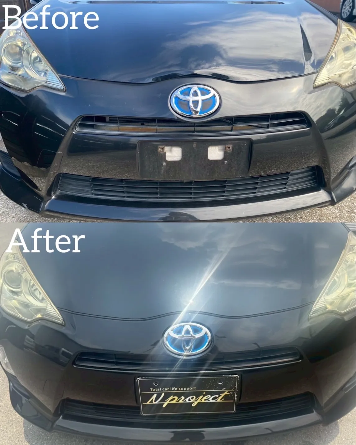 アクア　トヨタ　キズ　凹み　ボンネット　事故　修理　交換　磨き　取付　鈑金塗装　河内長野　狭山　富田林　南大阪　自社整備工場　Nプロジェクト